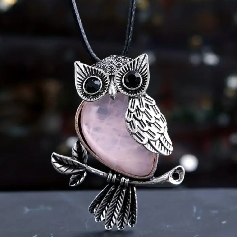 Sterling Owl Pendant Necklace with Pink Gemstone